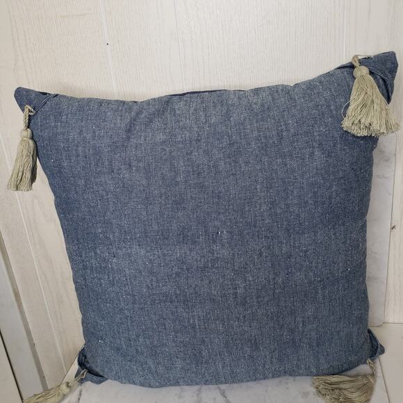 Carol& Frank blue and cream tassel striped printed decorative throw pillow 18X18 - Picture 5 of 8